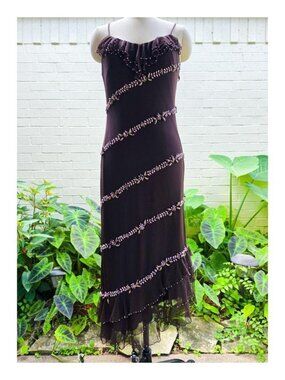 Y2K brown asymmetrical beaded mesh ruffle slip dress ✧ fairy goth glam